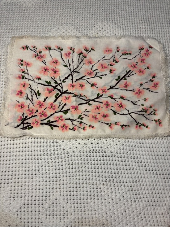 Other - Vintage Hand Painted Cherry Blossom Placemats, Fringed Edged Linens, Set of 4